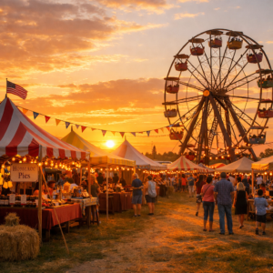 Outdoor fair at sunset with Ferris wheel, market stalls, and people walking